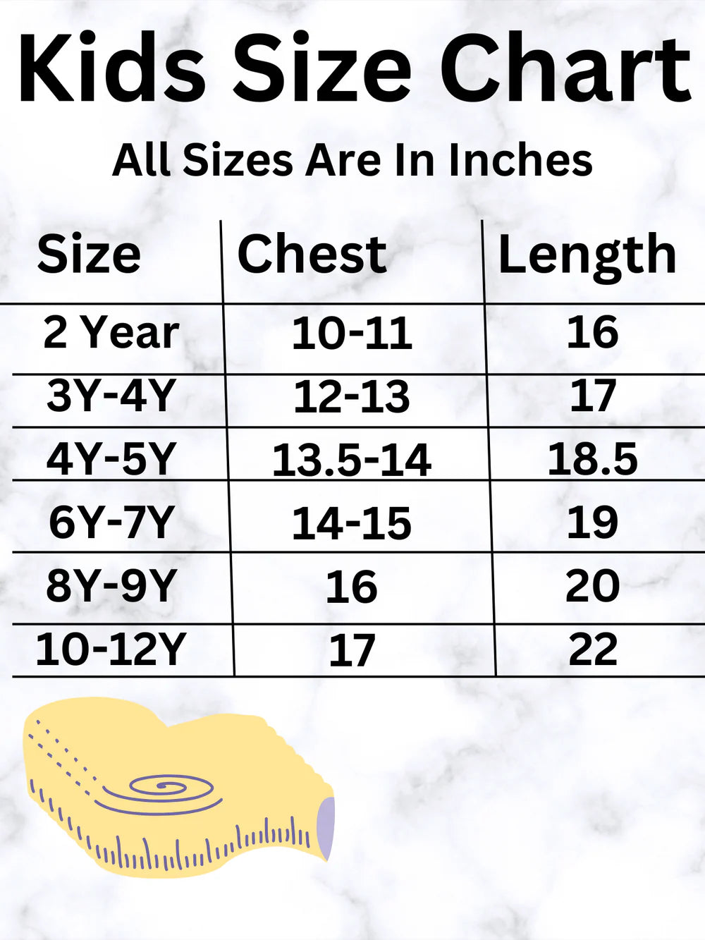 Kids size chart for clothing with chest and length measurements in inches.