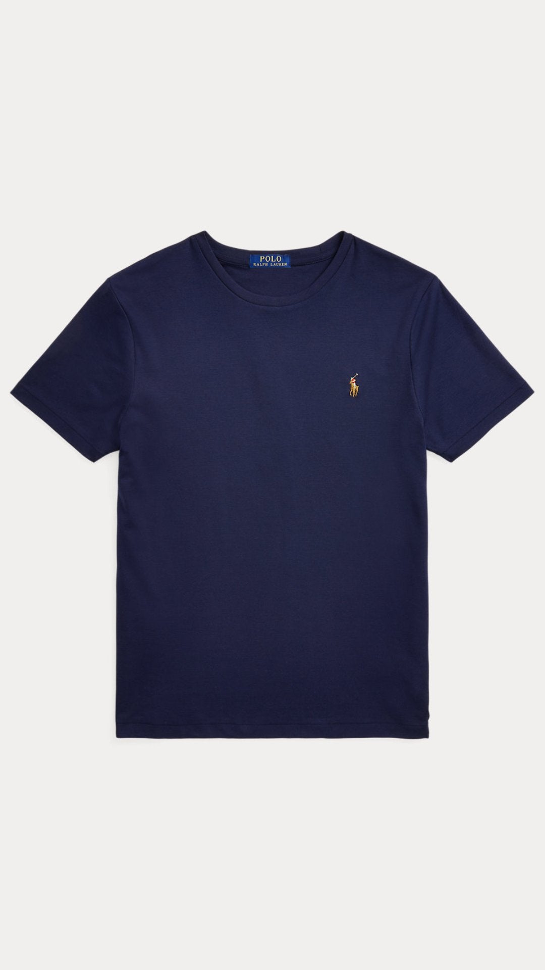Navy blue t-shirt with a small logo on a white background