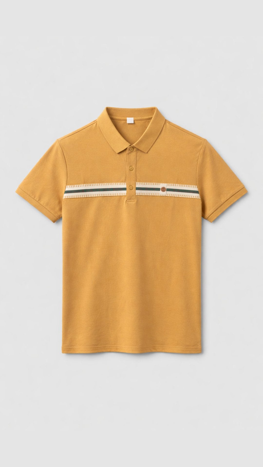 Yellow polo shirt with a striped detail on a light gray background