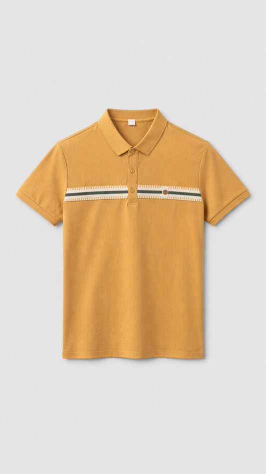 Yellow polo shirt with a striped detail on a light gray background