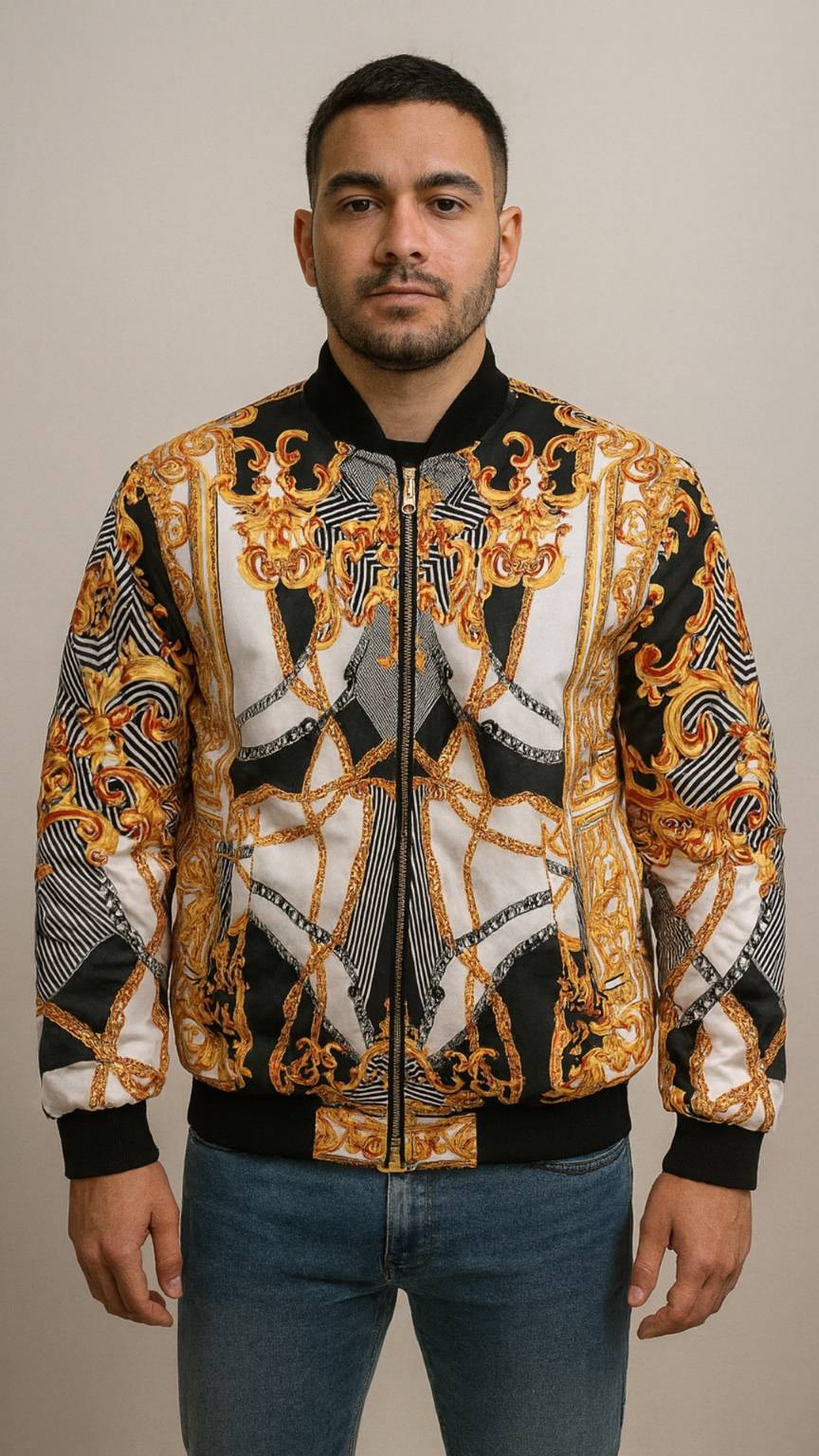 Man wearing a patterned jacket with gold and black designs on a neutral background