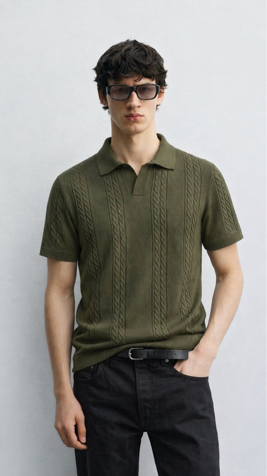 ZR-Noir Luxe Cable Knit Polo Olive