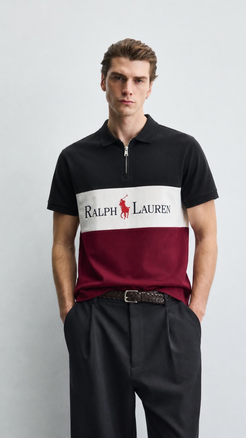 Signature Colorblock Zip Polo –Black