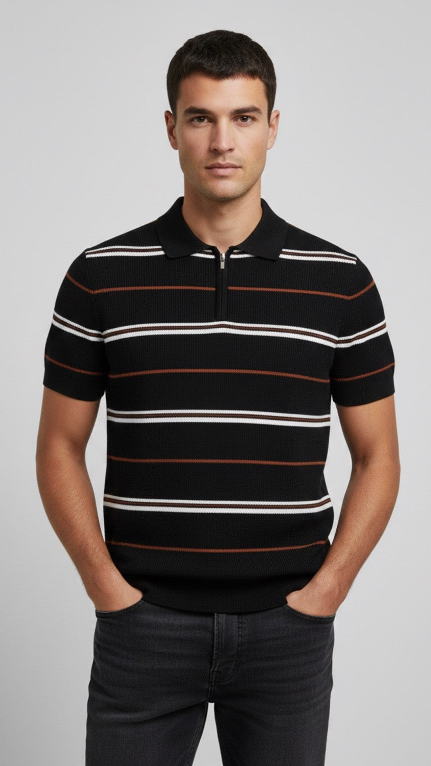 Premium Knitted Black Striped Zip Polo