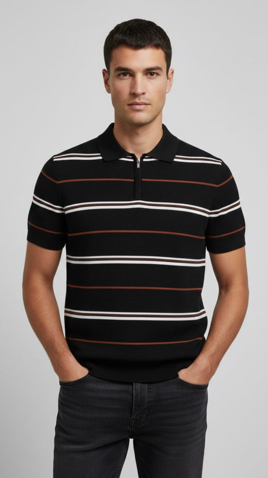 Premium Knitted Black Striped Zip Polo