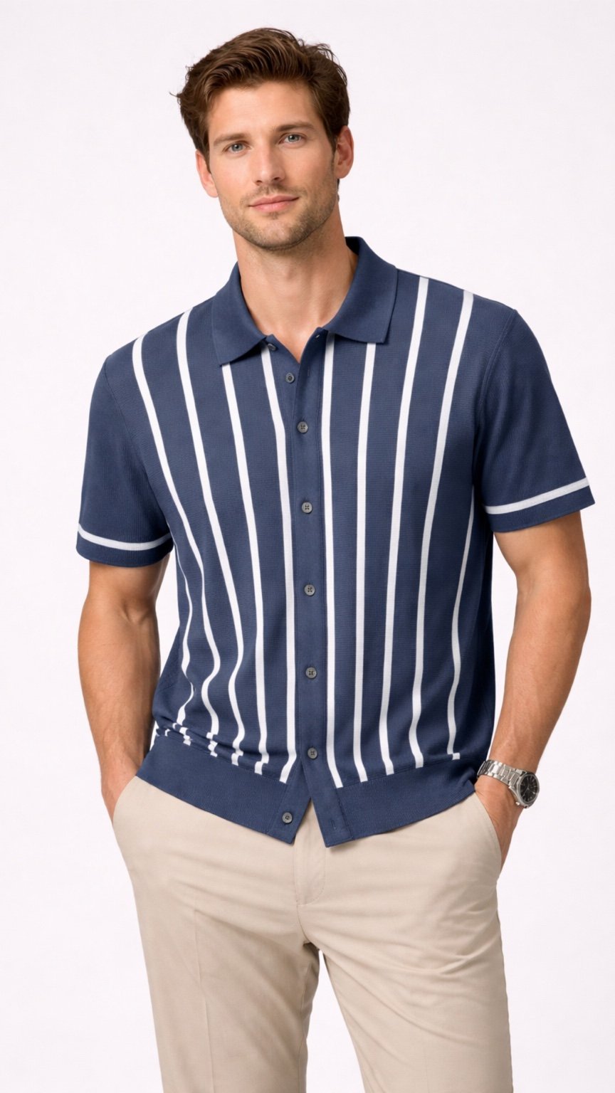 Knitted Ember Stripe Polo Steel Blue