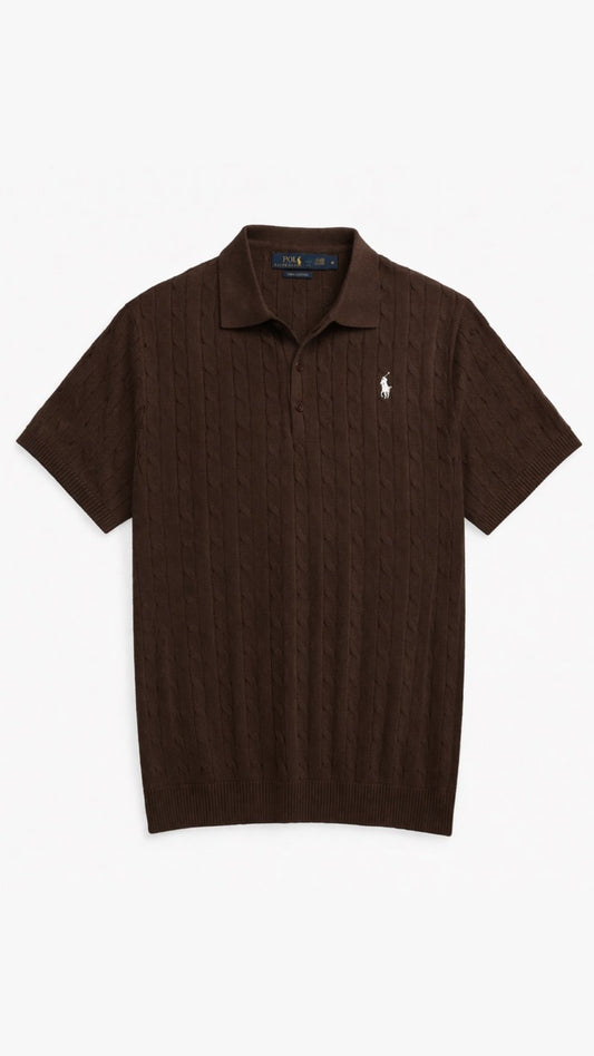 Brown polo shirt with a logo on a white background