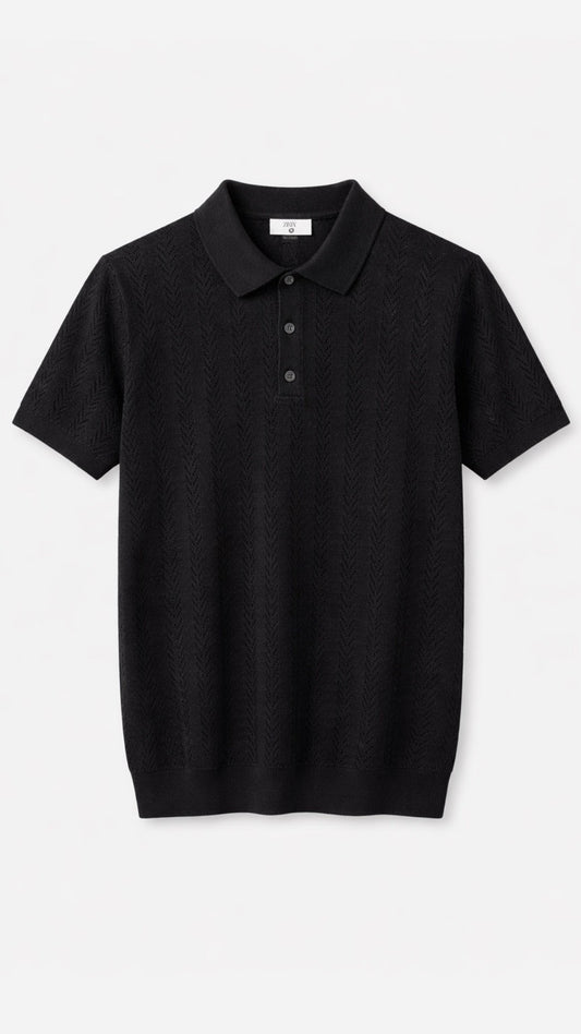 Premium Textured Knitted Polo – Jet Black
