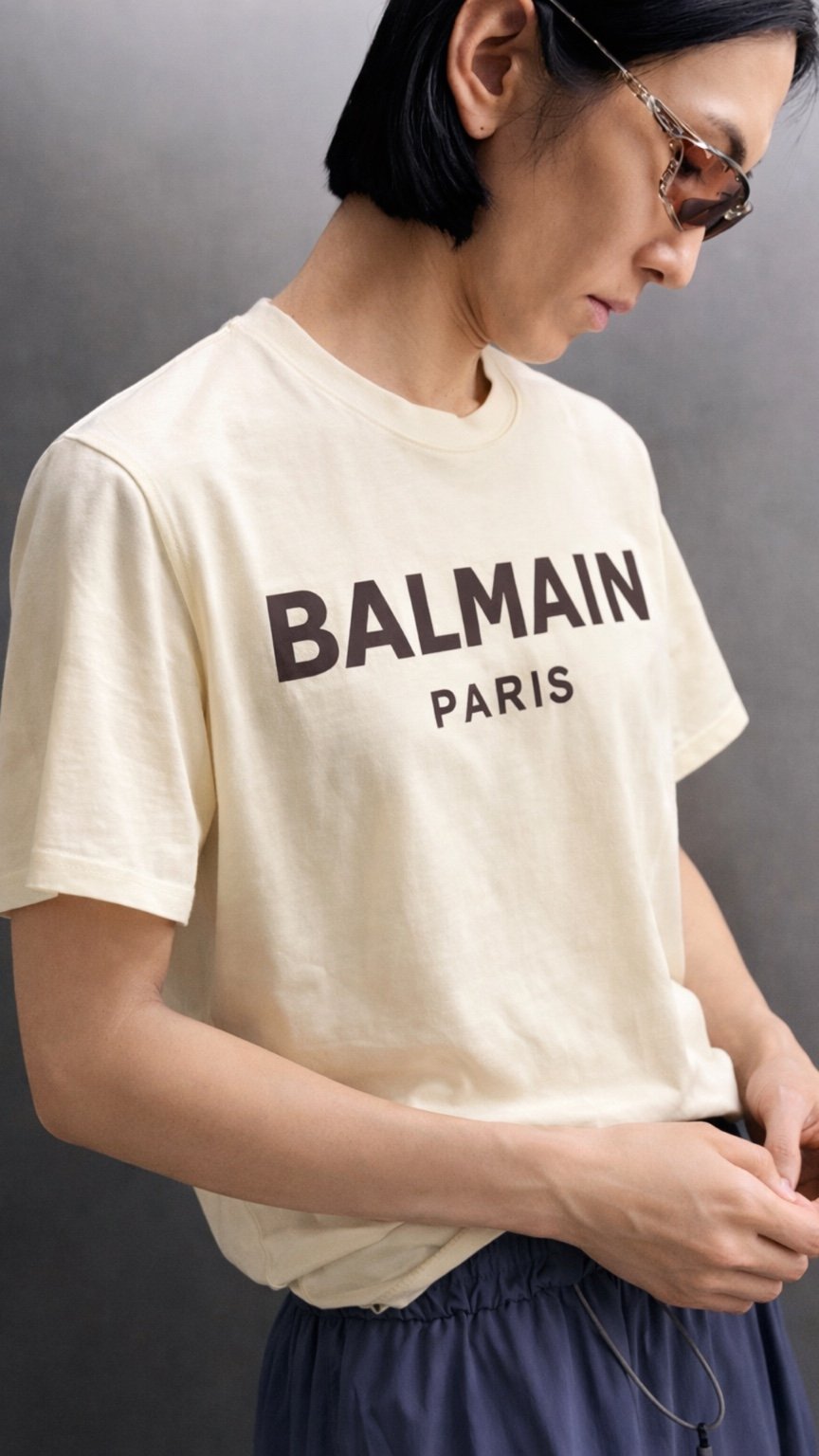 Person wearing a Balmain Paris t-shirt against a gray background