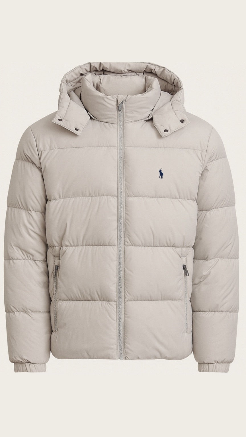 Beige puffer jacket with a hood on a white background