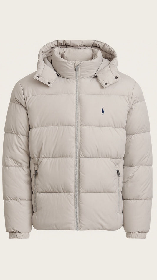 Beige puffer jacket with a hood on a white background