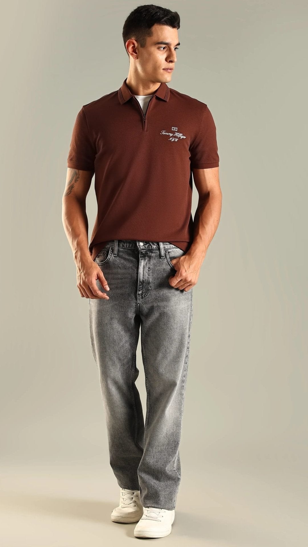 T-Brown Crest Zip Polo