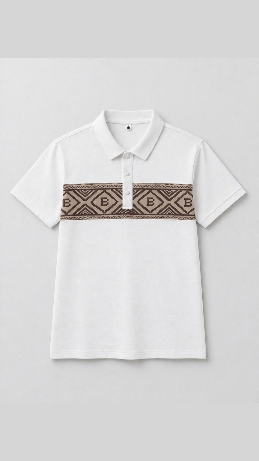 White polo shirt with brown geometric pattern on a light gray background