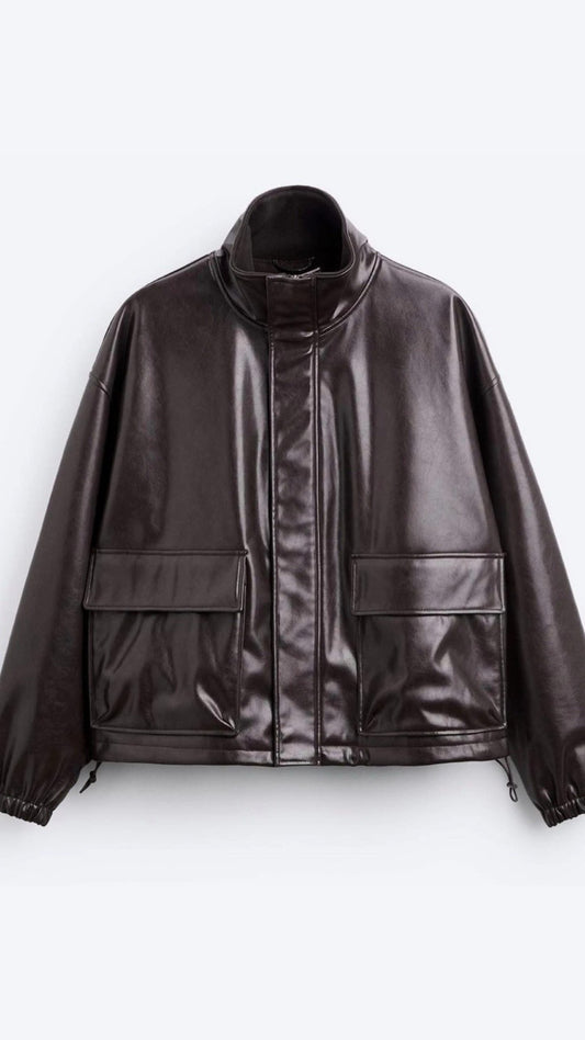 Brown leather jacket on a white background