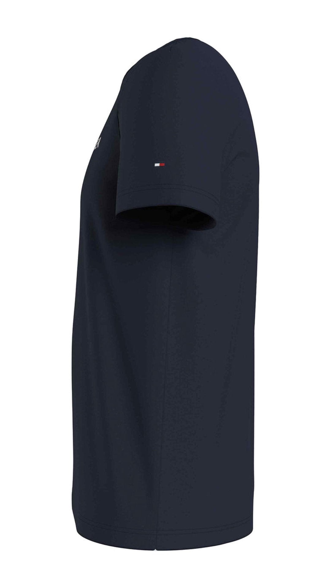Black t-shirt with a small logo on a white background