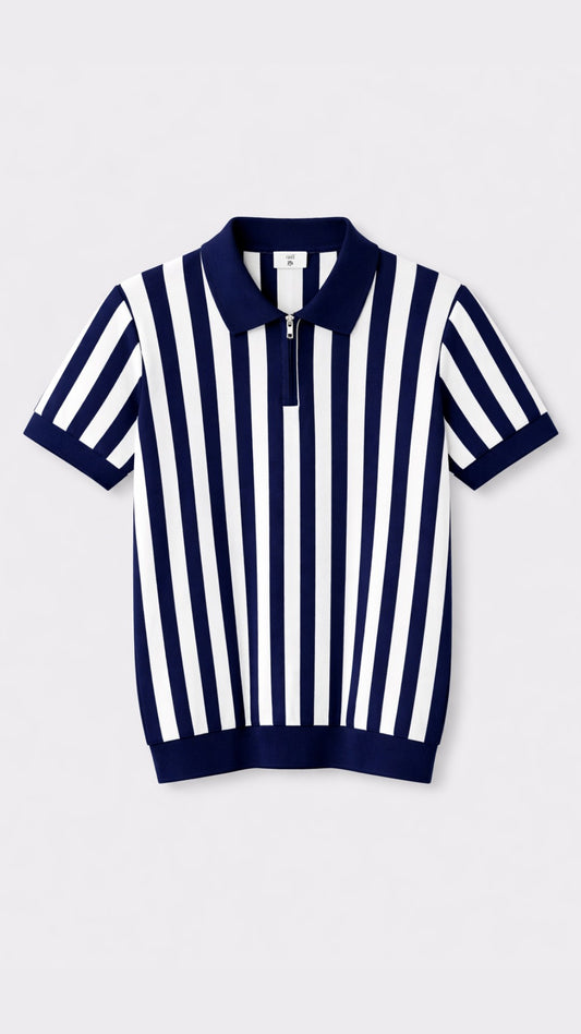 Premium Knitted Emerald Stripe Zip Polo Blue
