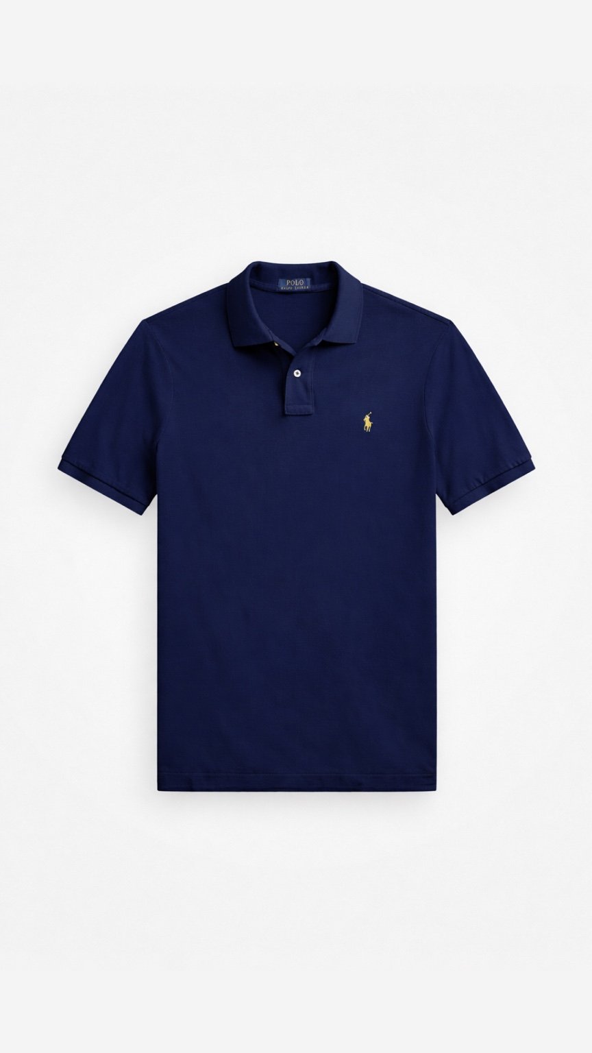 Navy blue polo shirt with a small yellow logo on a white background