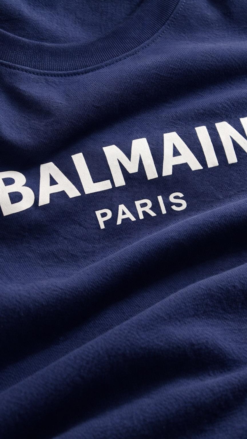 Navy blue t-shirt with 'Balmain Paris' logo