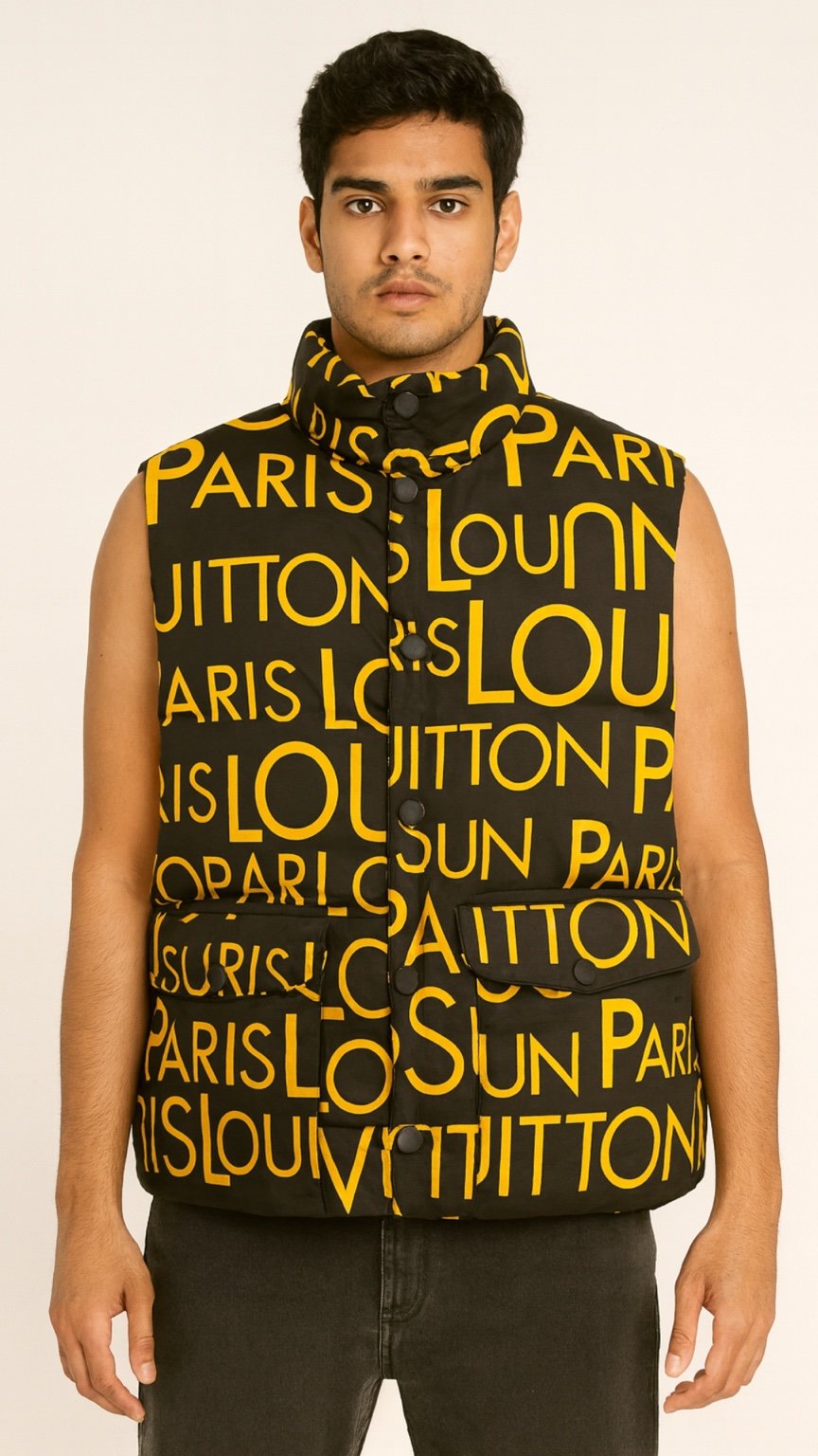Man wearing a black Louis Vuitton vest with yellow text on a white background