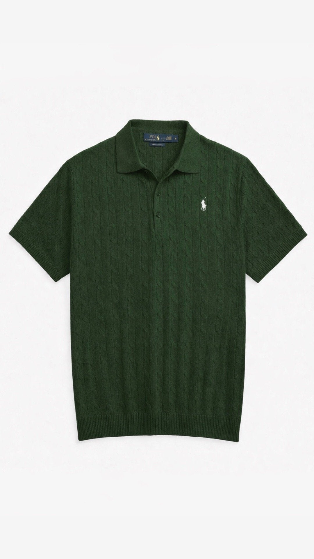 Green polo shirt with a brand logo on a white background
