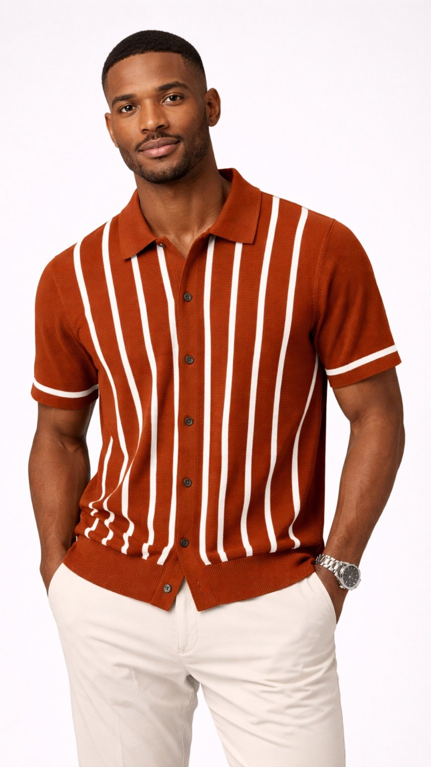 Knitted Ember Stripe Polo Burnt Orange