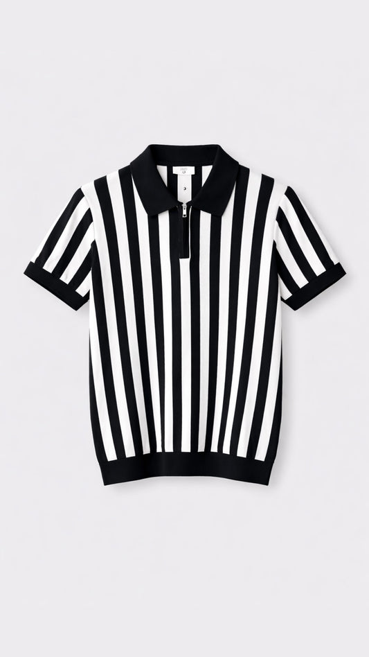 Premium Knitted Emerald Stripe Zip Polo Black