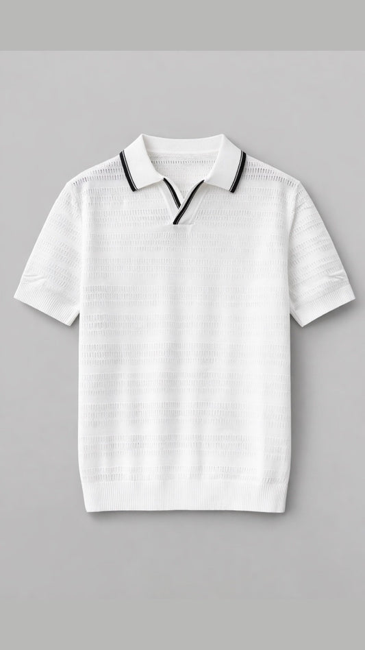Micro-Perforated Knit White Polo