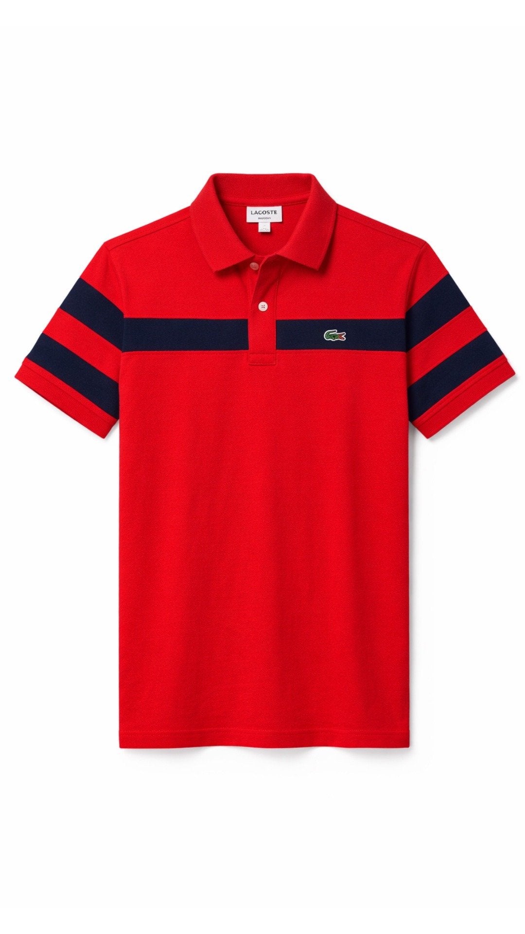 Red polo shirt with navy stripes on a white background