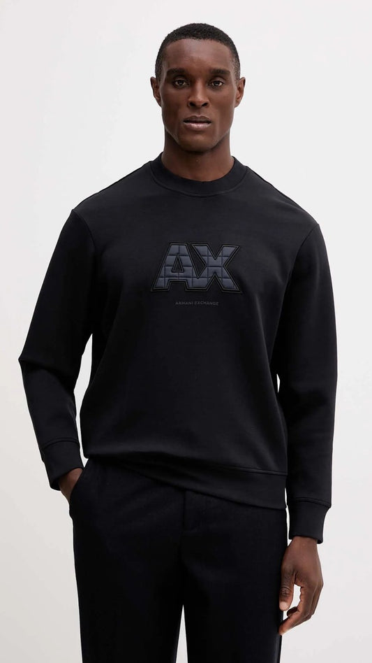 Person wearing a black AX sweatshirt on a white background