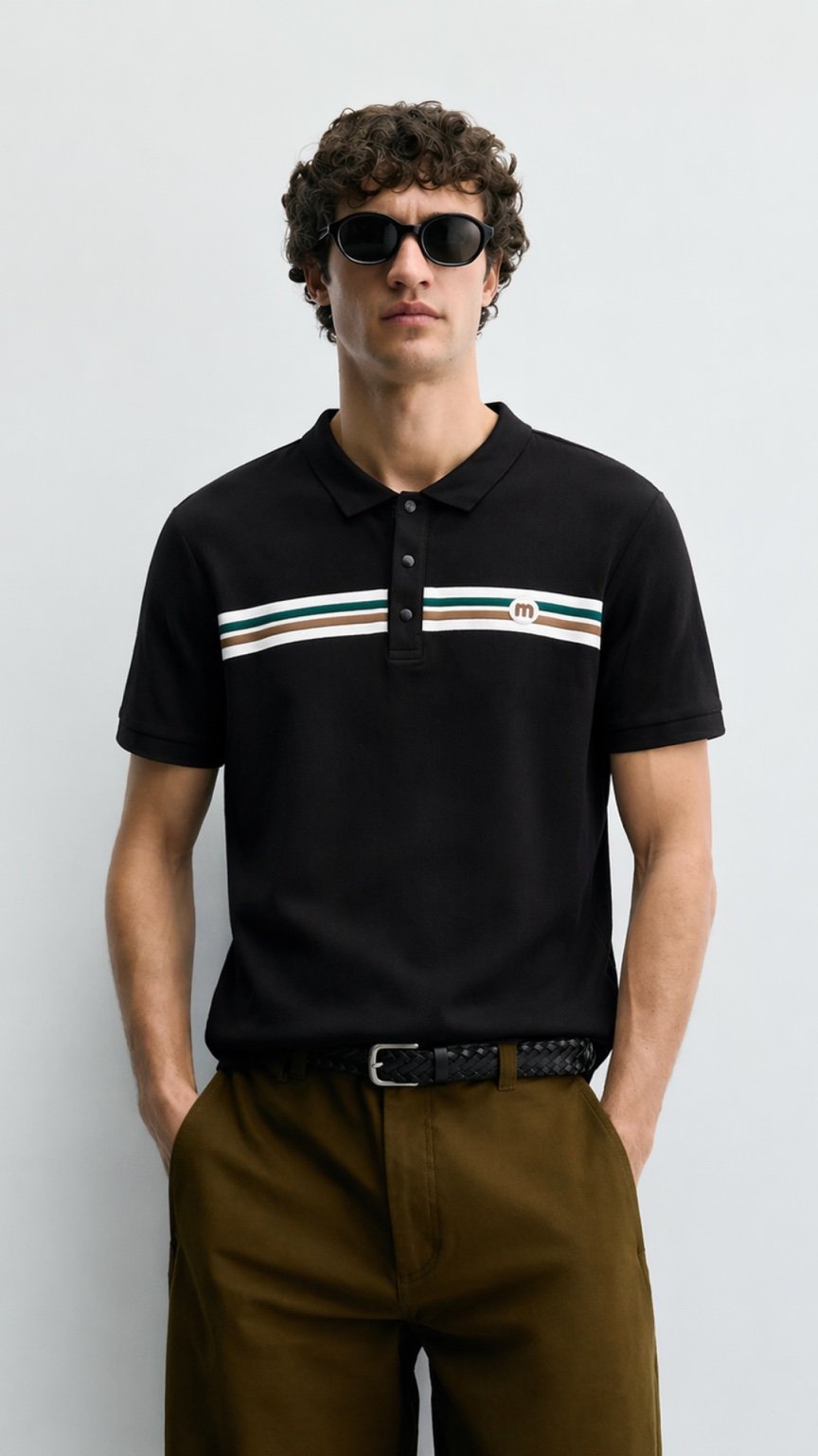 Monaco Stripe Polo Black