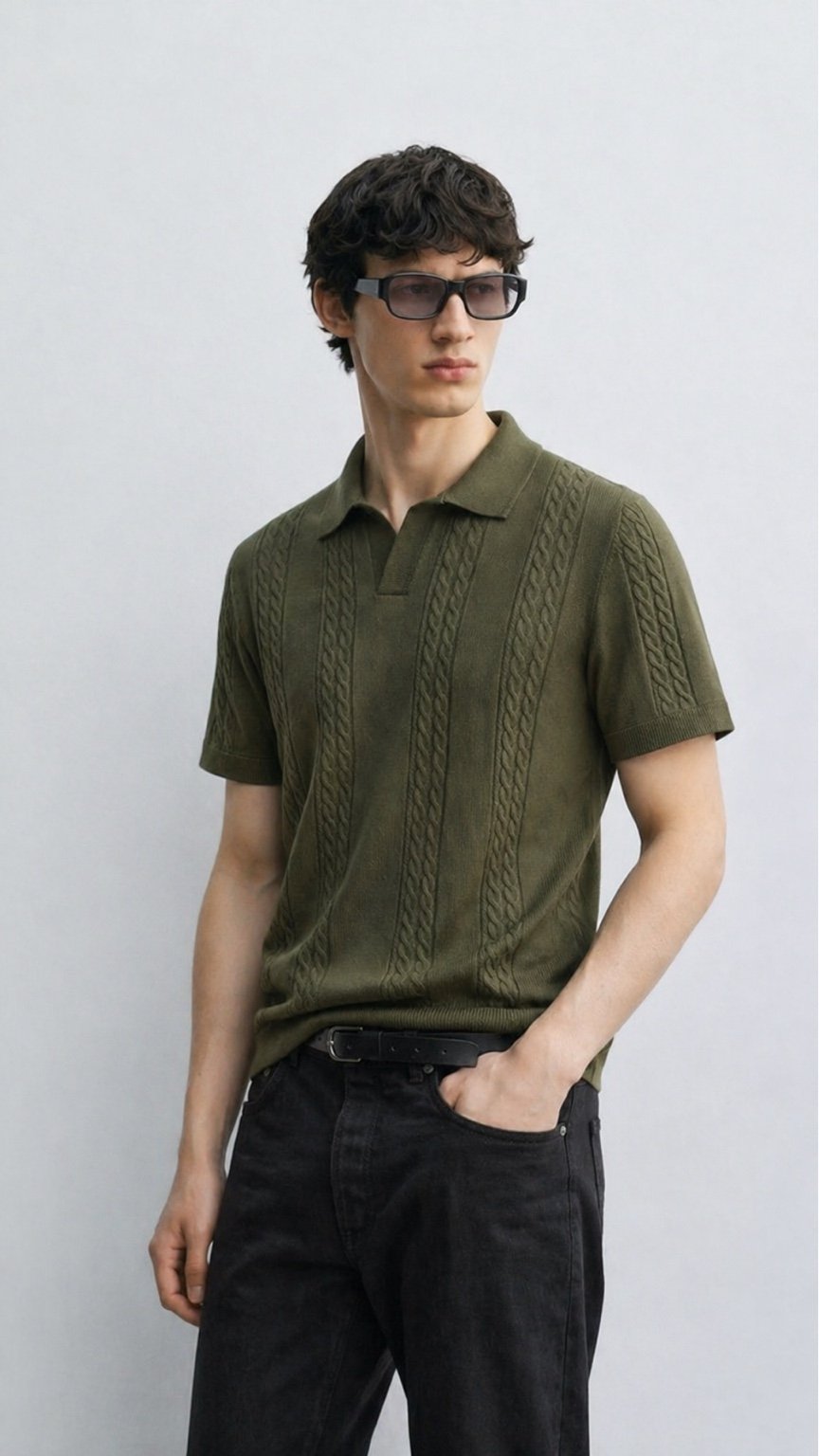 ZR-Noir Luxe Cable Knit Polo Olive