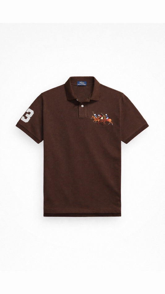 Brown polo shirt with embroidered design on a white background