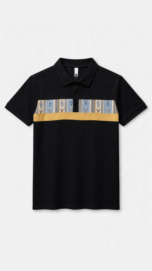 Black polo shirt with a colorful striped pattern on a white background