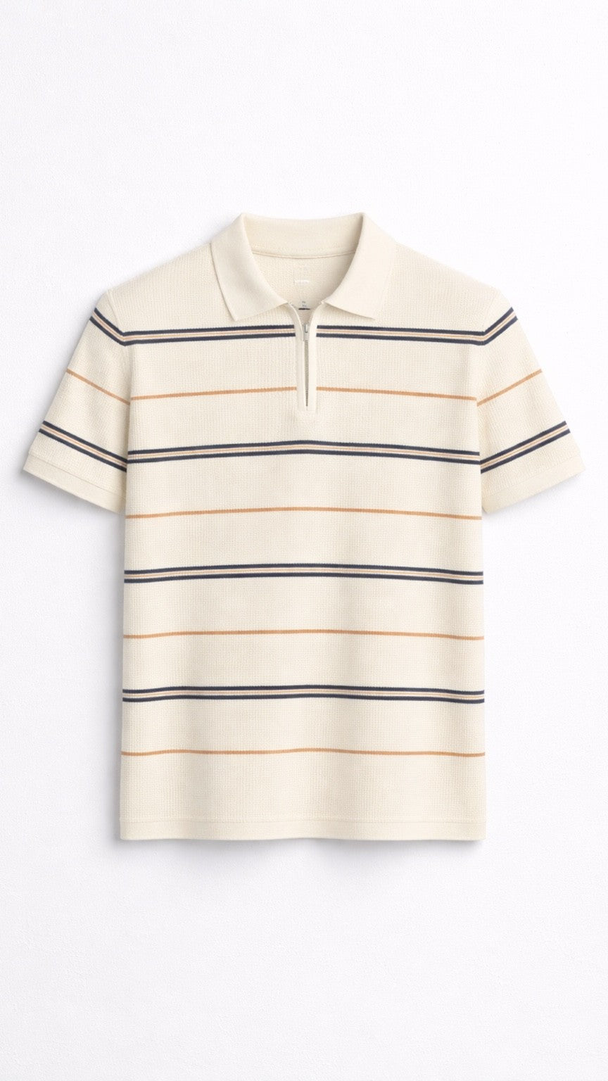Premium Knitted Off White Striped Zip Polo