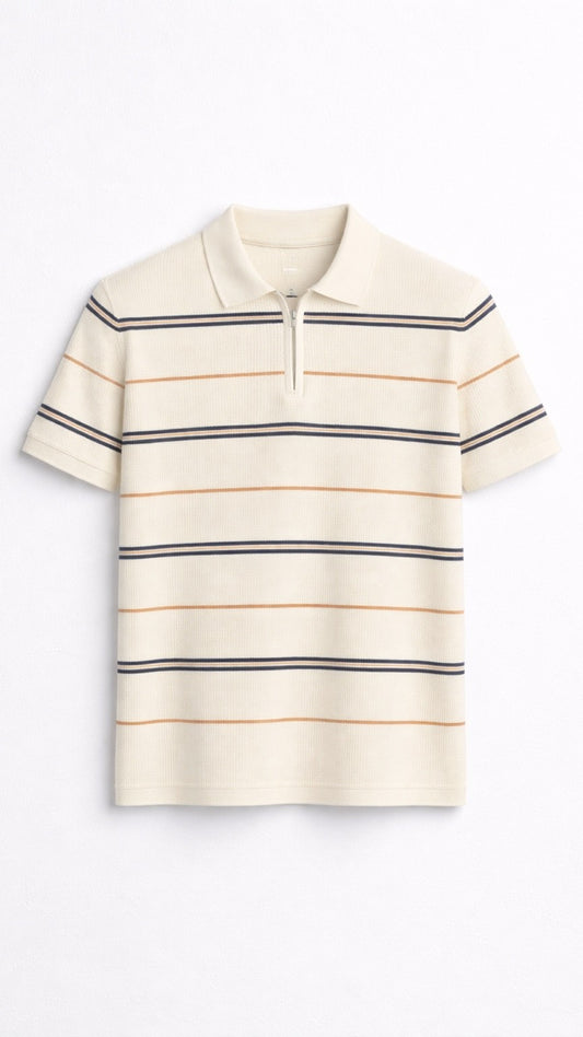 Premium Knitted Off White Striped Zip Polo