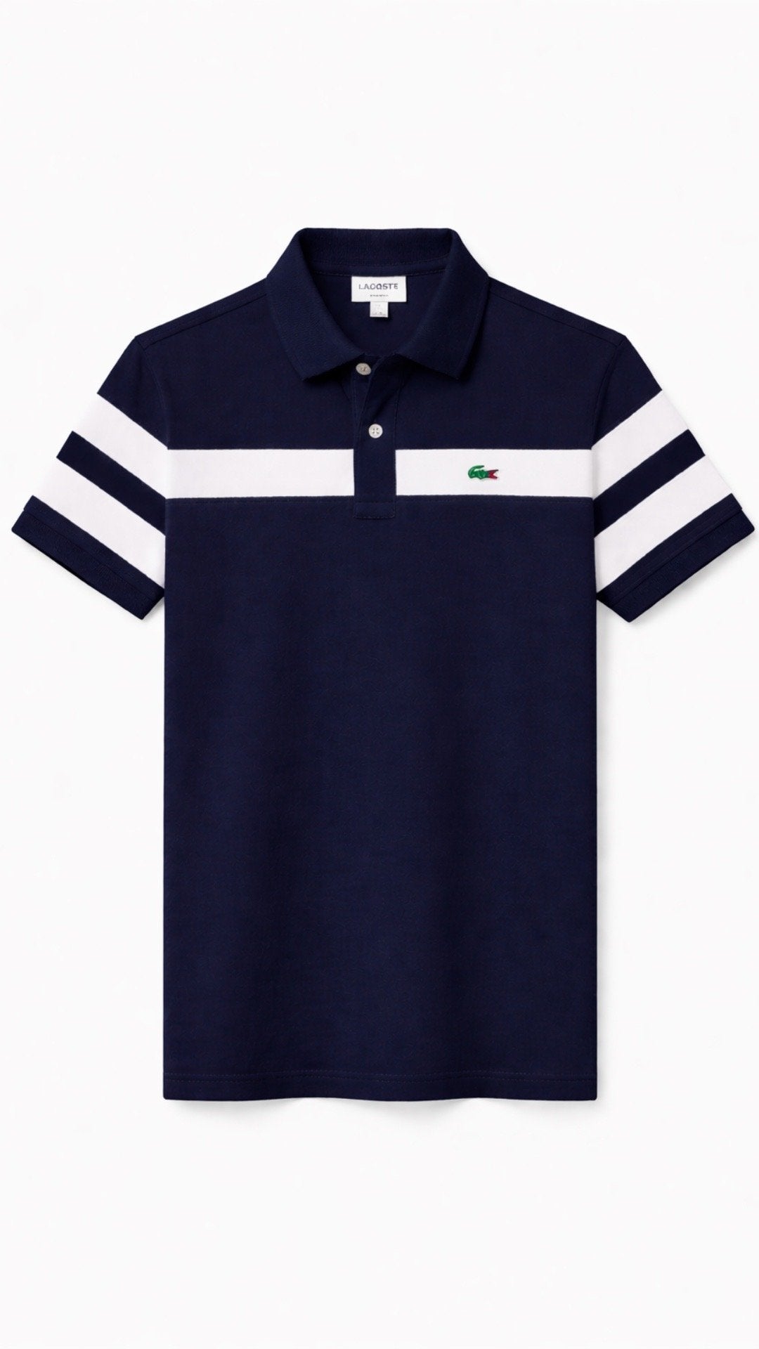 Navy polo shirt with white stripes on a white background