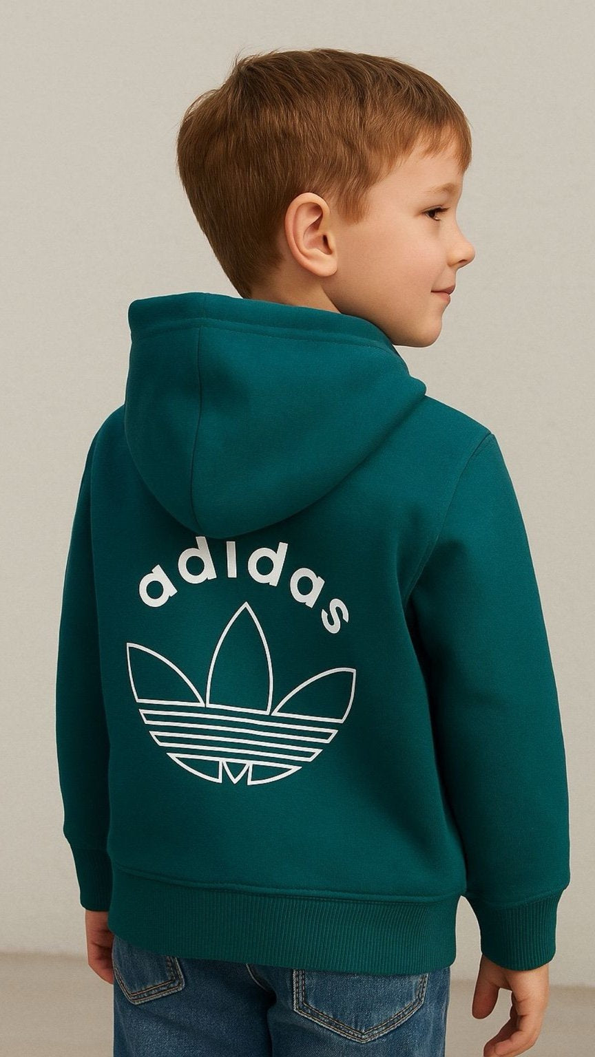 Child wearing a green Adidas hoodie against a neutral background