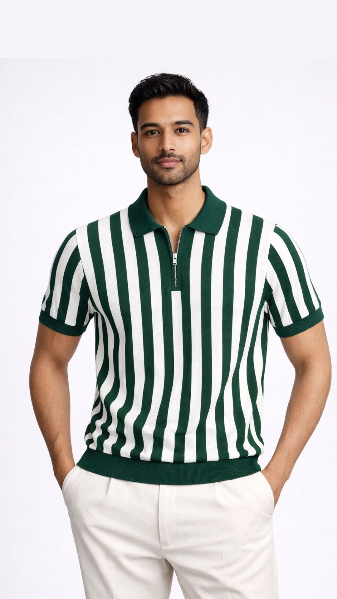 Premium Knitted Emerald Stripe Zip Polo Green