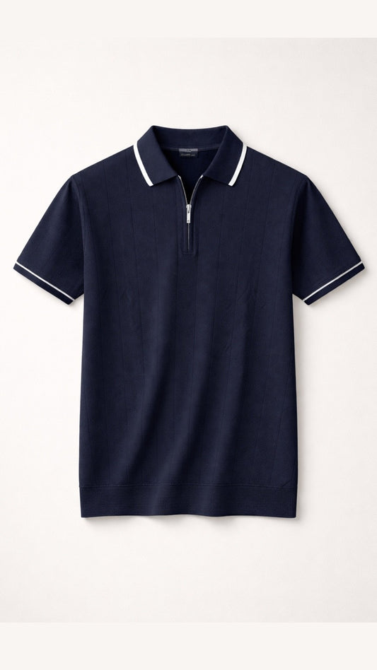 Midnight Knitted Ribbed Zip Polo Blue