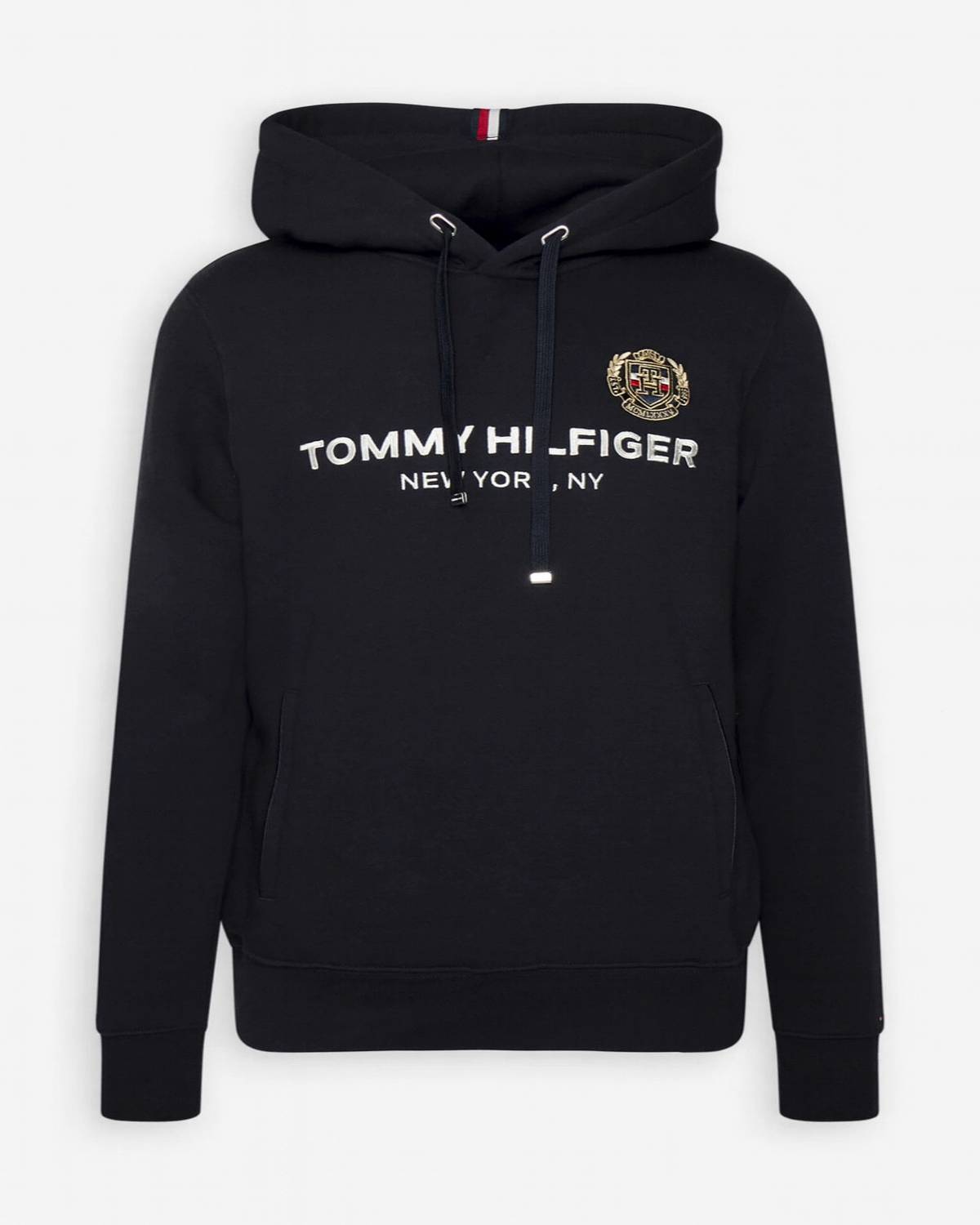 Black hoodie with Tommy Hilfiger logo on a white background