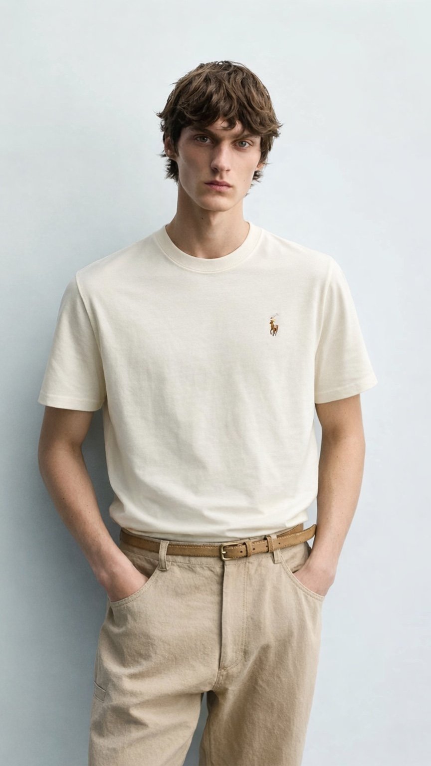 Man wearing a cream t-shirt with a logo and beige pants against a light gray background
