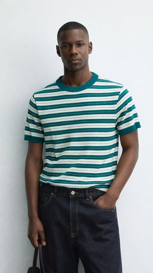 Premium Forest Stripe Knit Tee– Deep Forest Green