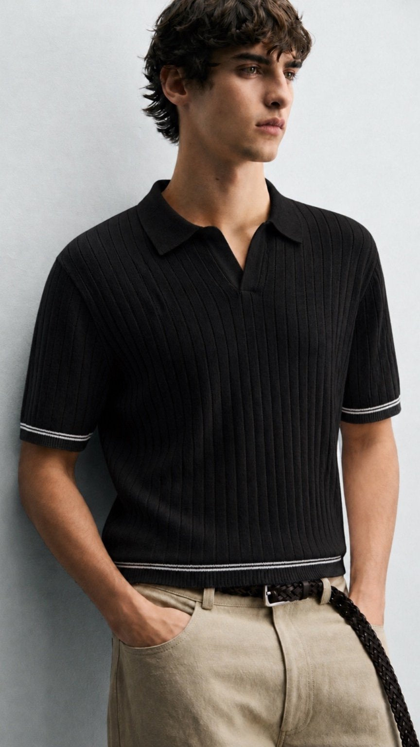 Ivory Ribbed Classic Polo Black