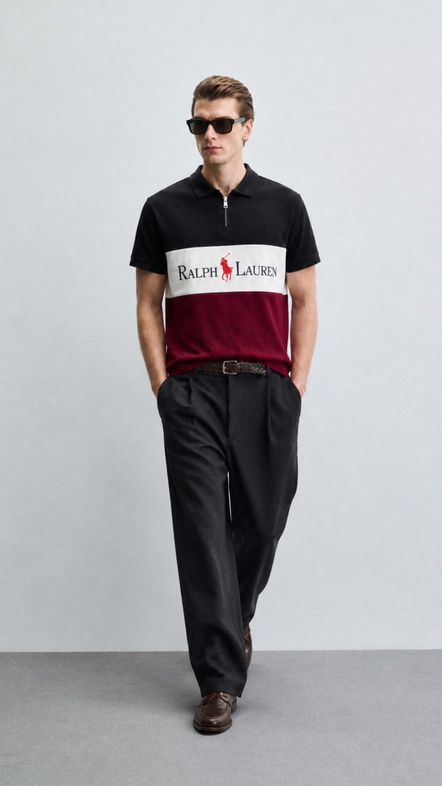 Signature Colorblock Zip Polo –Black