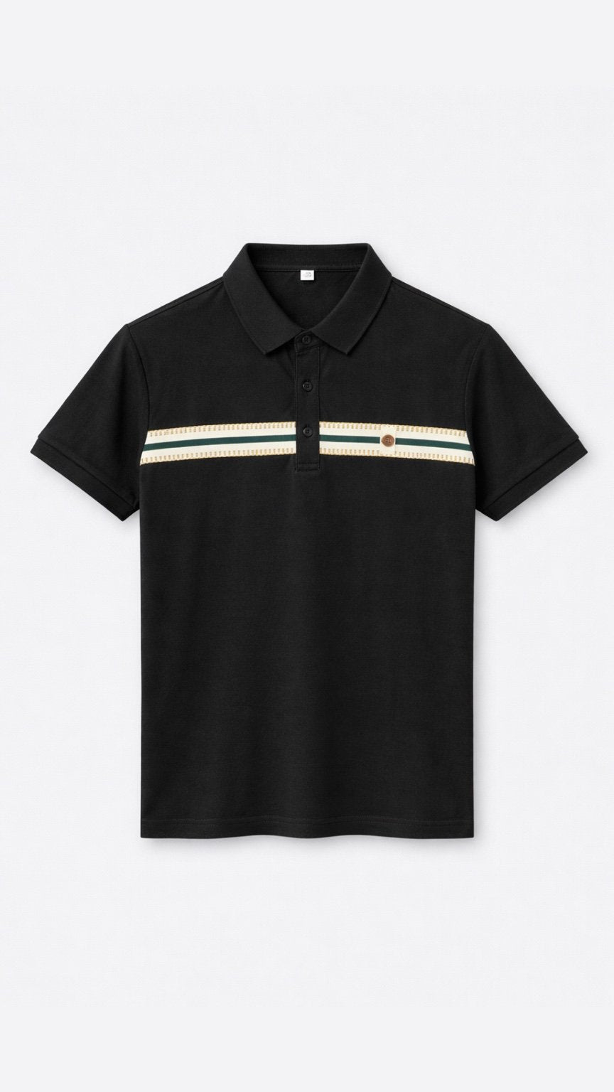 Black polo shirt with white stripes on a light gray background