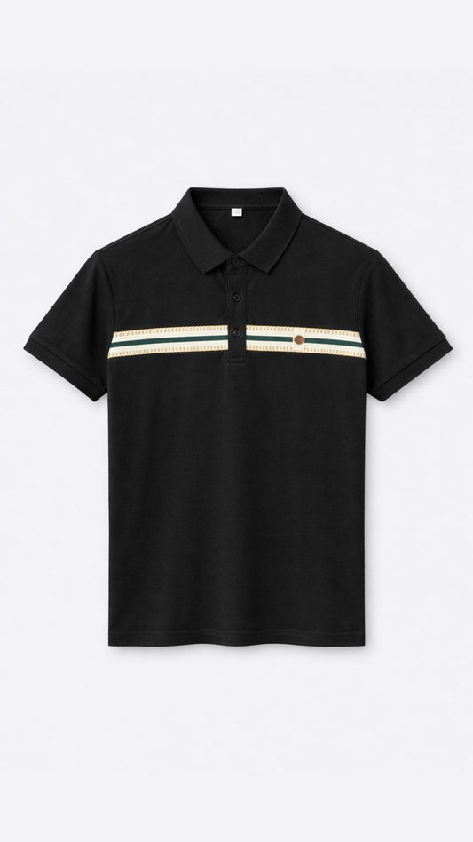 Black polo shirt with white stripes on a light gray background
