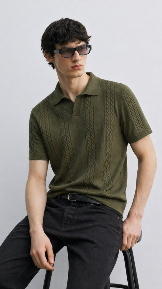 ZR-Noir Luxe Cable Knit Polo Olive