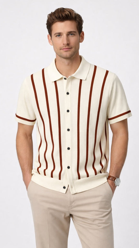 Knitted Ember Stripe Polo Off White