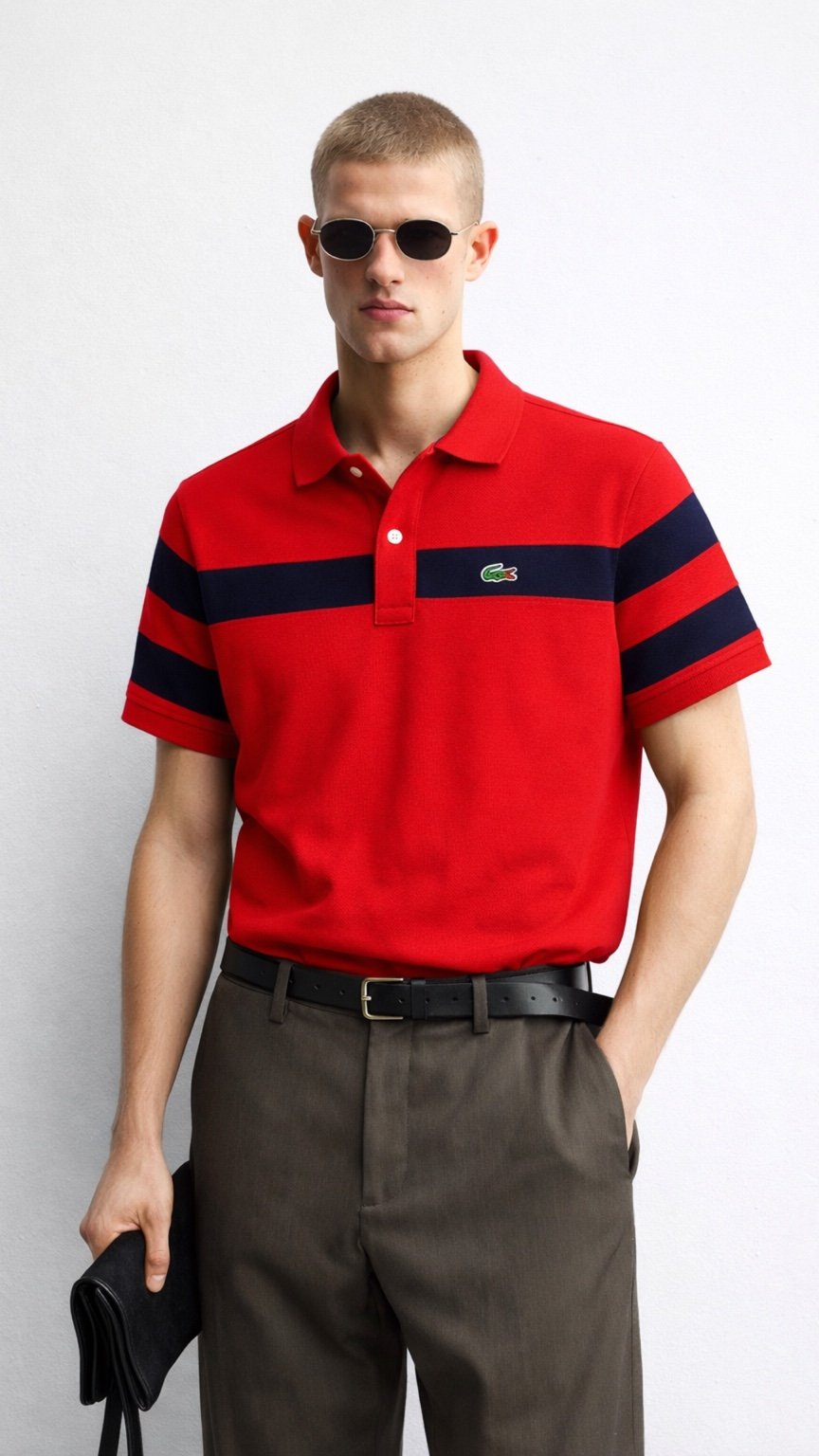 Man wearing a red polo shirt with navy stripes and sunglasses, standing against a white background