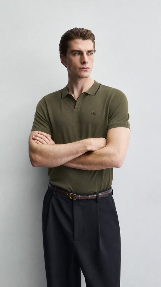 A-Essential Olive Tipped J-Neck Polo Shirt
